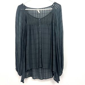 Tokyo Darling Womens L Black Sheer Boho Peasant Blouse Lace Button Front Top